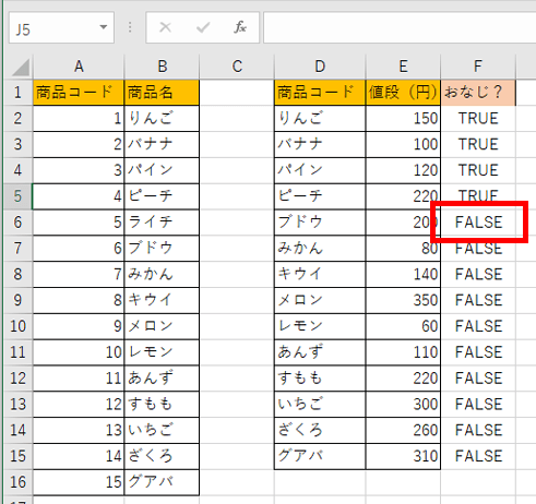 EXACT関数でFALSEになった画像