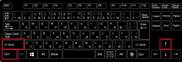 Ctrlキー、Shiftキー、↑キーの場所