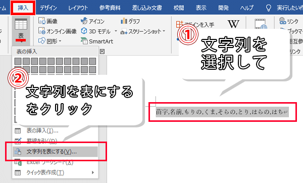 文字列を表にするをクリック