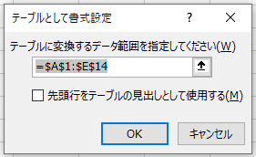 テーブルとして書式設定ダイアログボックス