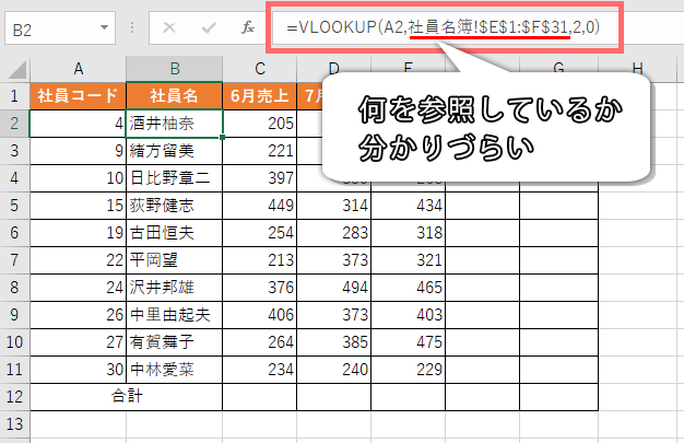 セル範囲を指定した式の例