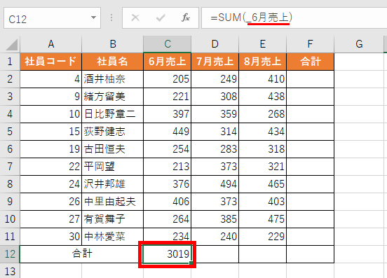 6月売上の合計が出た