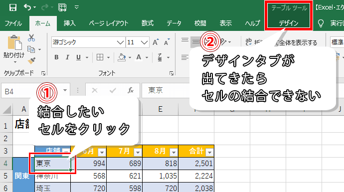 テーブルが設定されたセル