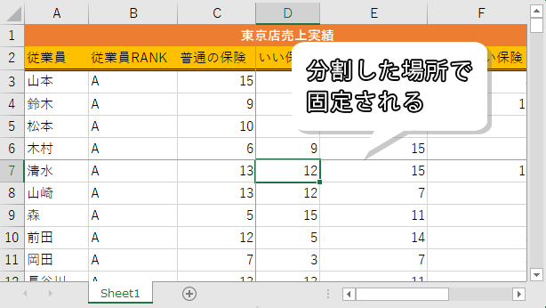 画面が分割の場所で固定された状態