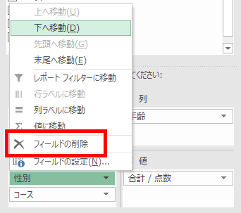 項目をクリックしたときに出るメニュー