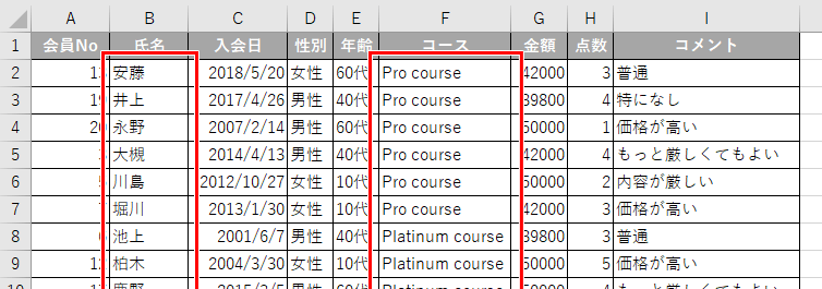 コース名と氏名で並べ替えした画像