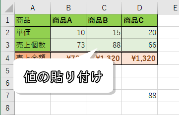 値の貼り付けをした画像