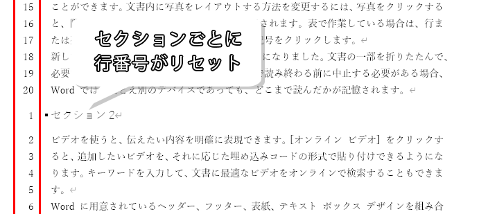 セクションで行番号がリセットされた画像