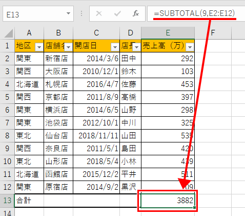 SUBTOTAL関数で合計が出せた