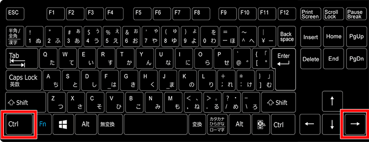 Ctrlキー+右キーの場所
