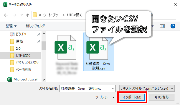 Excelで開きたいCSVファイルを選んだ画像