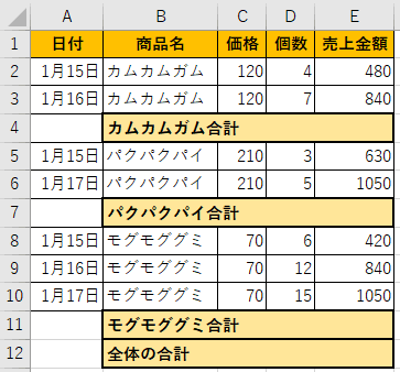 SUBTOTAL関数の練習問題