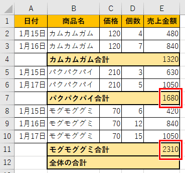 SUBTOTAL関数で集計を出した画像