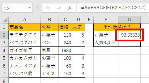 AVERAGEIF関数で平均を出した画像