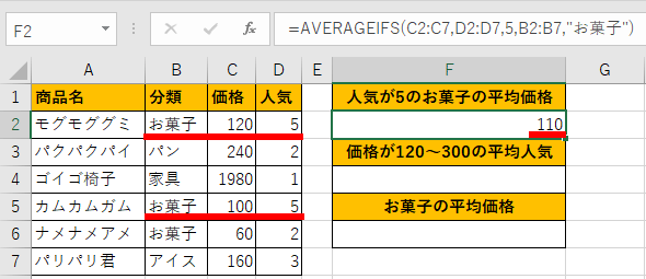 AVERAGEIFS関数で条件に合う平均値が分かった画像