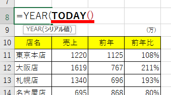 YEAR関数の中にTODAY関数を入れ子にした画像