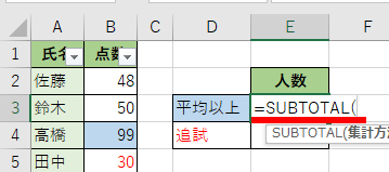 「=SUBTOTAL(」まで入力した画像