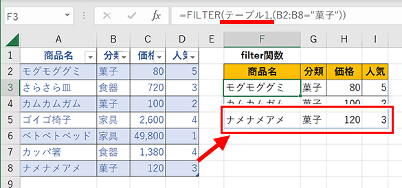 FILTER関数の配列をテーブルにした画像