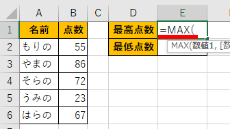 「=MAX(」と入力した画像