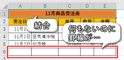 セルの結合をしたセルを含めて条件付き書式を設定した画像