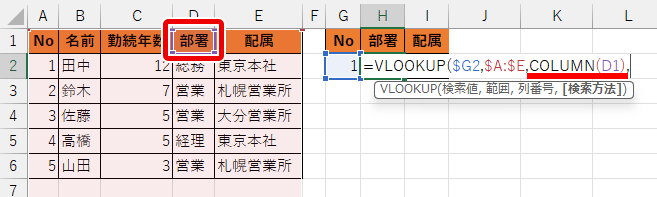 VLOOKUP関数の列番号にCOLUMN関数を使った画像