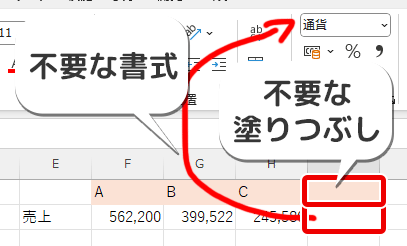 不要な書式設定されたセル